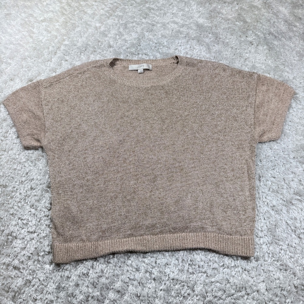 LOFT Sweater Women's Large Short Sleeve Knit Top Gold Shimmer Capsule Old Money